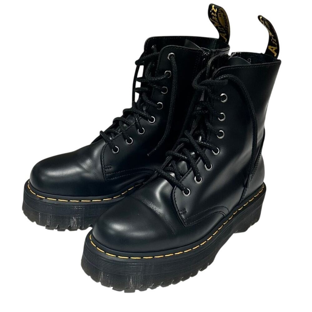 Dr Martens Jadon Platform Boots Black Smooth Leather Yellow Stitching